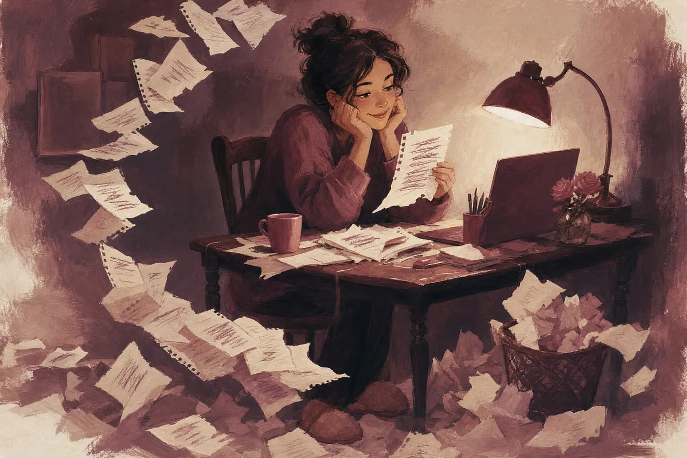 Painted scene of a woman at a small desk rereading a draft, torn-out notebook pages drifting to the floor