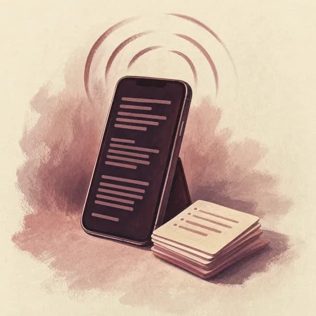Illustration of a phone showing teleprompter lines beside a stack of flashcards